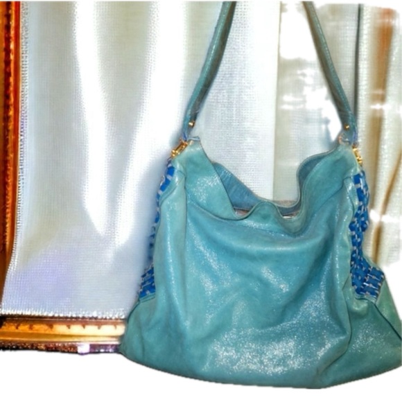 Tory Burch Vintage Green Shimmer Leather Blue Beaded Hobo Shoulder tote bag - Picture 6 of 16